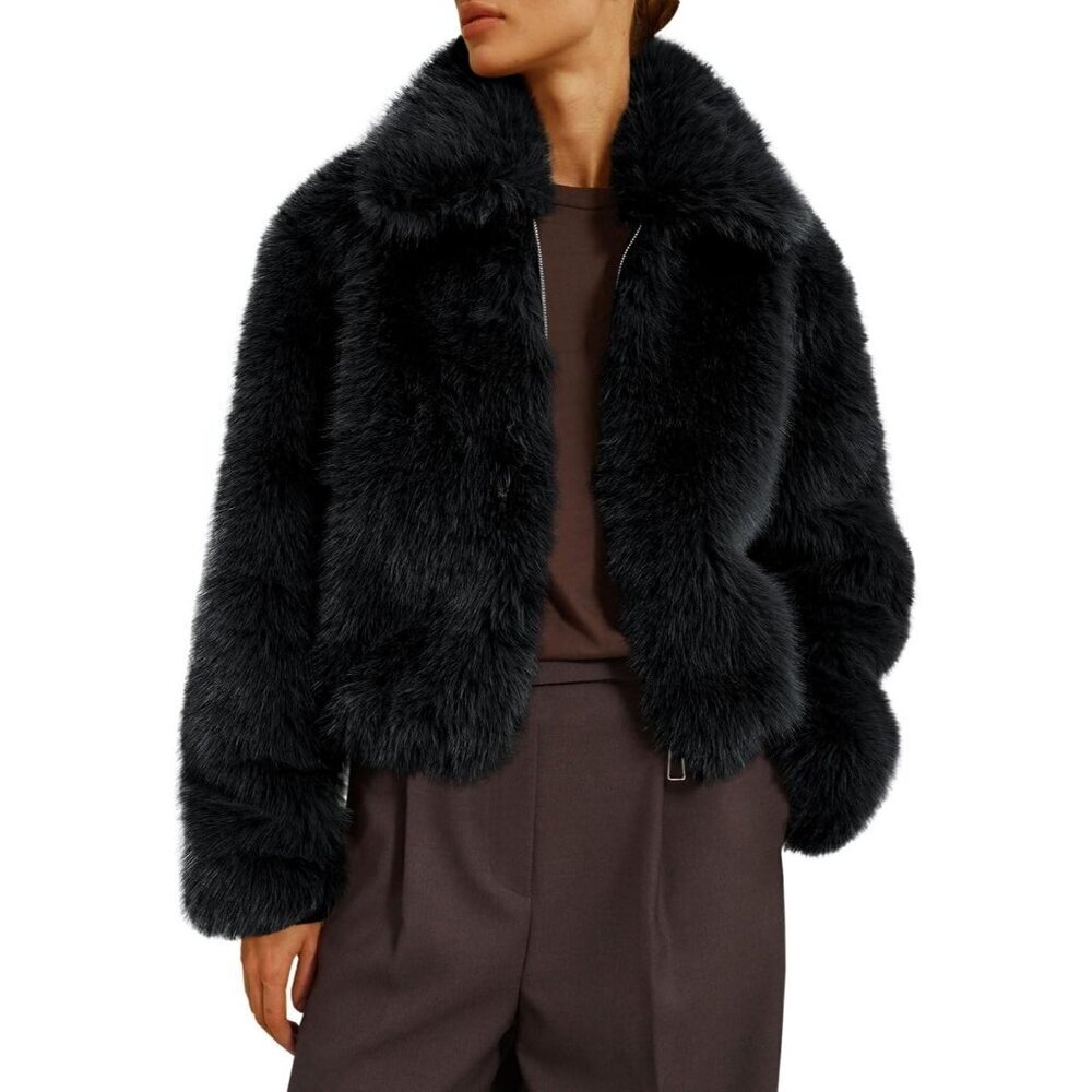 Women's Faux Fur Coat Winter Shaggy Casual Oversized Lapel Jackets Warm Black